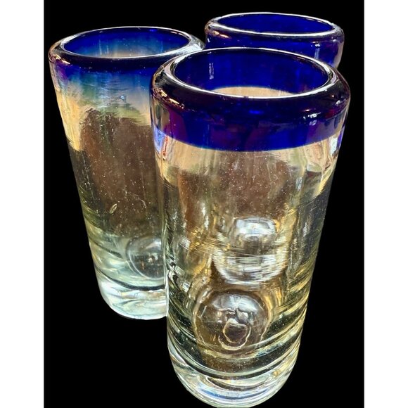 3 Mexican Hand Blown Shot Glass Blue Rim 4” - Picture 3 of 11